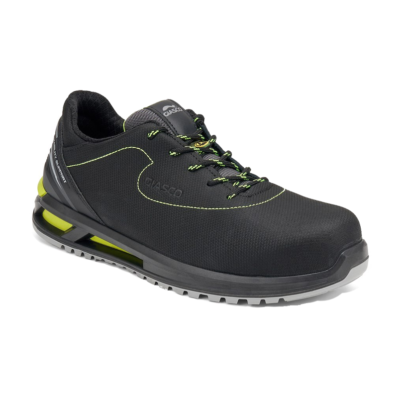 Giasco 3Hybrid ESD Fiji Sicherheitsschuh S3L in Schwarz mit grünen Details, niedriger metallfreier Arbeitsschuh mit wasserabweisendem, kratzfestem Obermaterial und 3HYBRID PU-Sohle für maximale Dämpfung