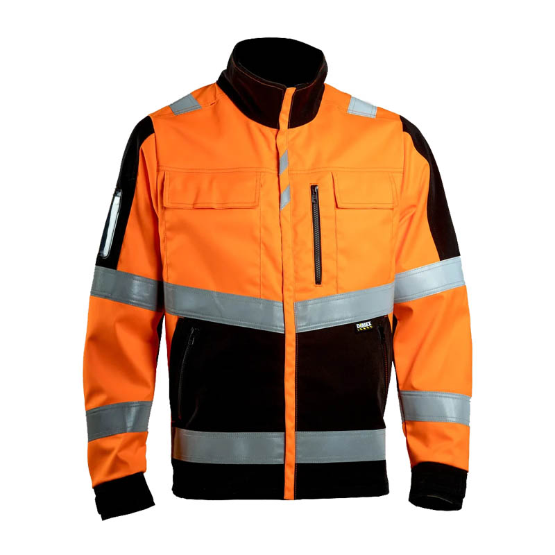 Dimex 6134 Warnschutz Stretch Jacke Klasse 2, orange-schwarze Arbeitsjacke mit Reflexstreifen, Stehkragen und Reißverschlusstaschen