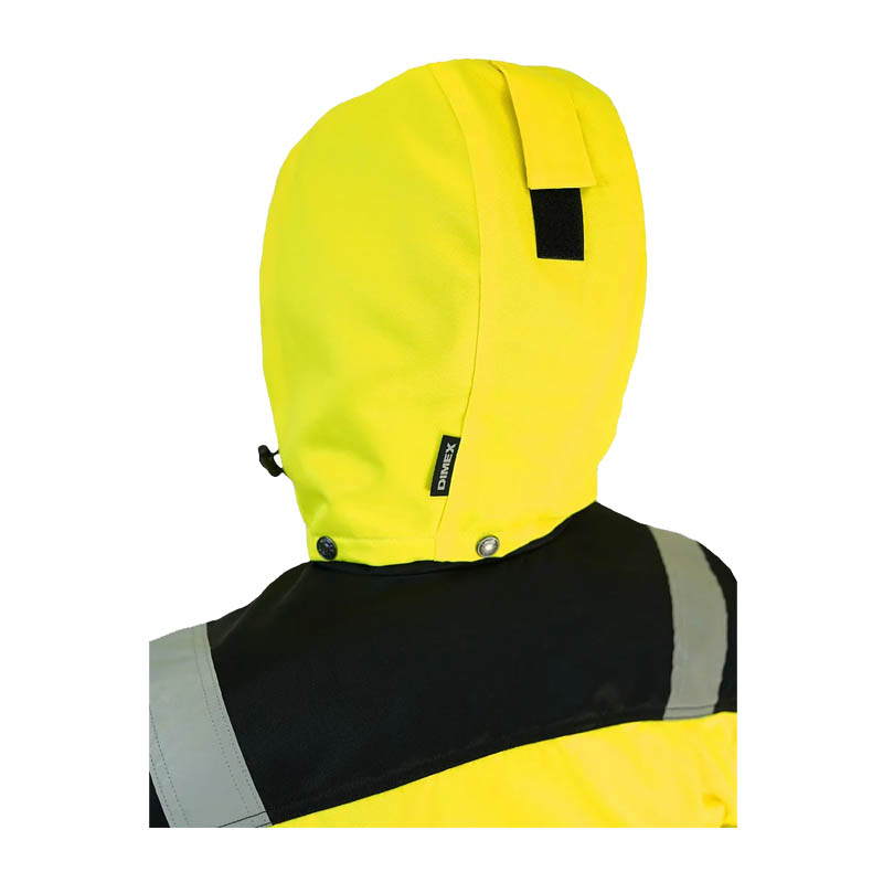 Rückansicht der Dimex 61751Y Winter Warnschutz Hi-Vis Jacke Klasse 2 mit gelber Kapuze und Reflexstreifen im Schulterbereich