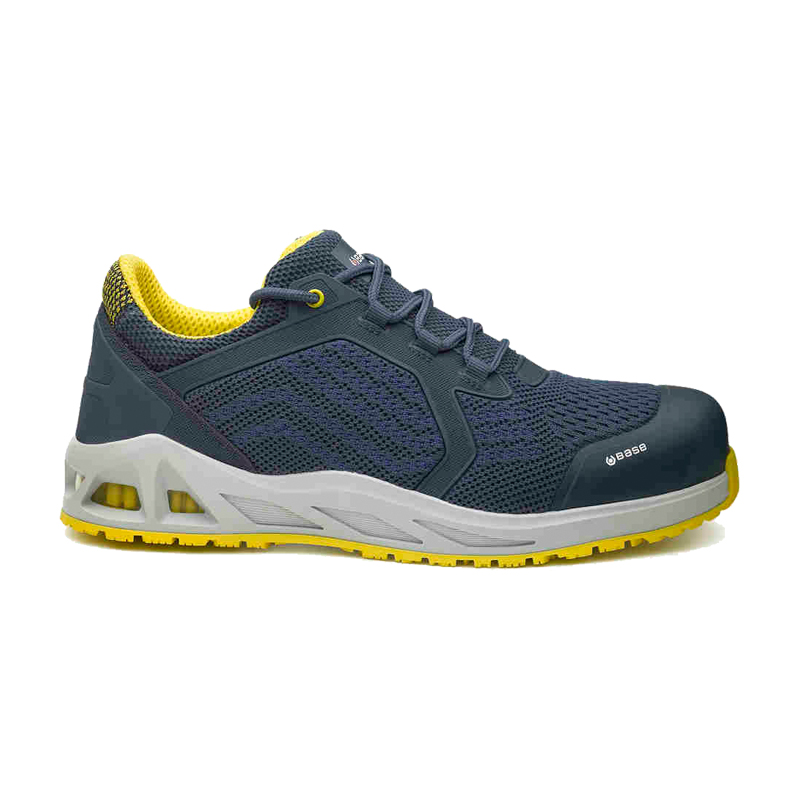 BASE K-SPRINT S1P Sicherheitsschuhe B1015A, dunkelblauer Arbeitsschuh mit atmungsaktivem gestricktem Obermaterial, verstärkter Zehenkappe und gelber Profilsohle