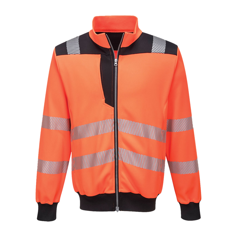 PortWest PW370 Warnschutz Sweatjacke mit Reißverschluss, EN ISO 20471 Klasse 3, orange mit schwarzen Kontrasten und Reflexstreifen