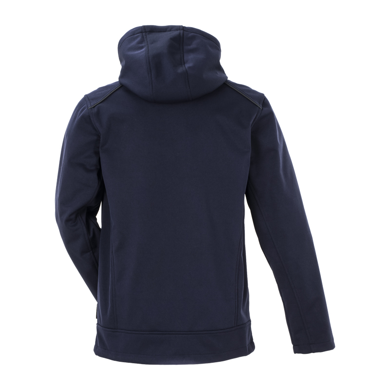 Rückansicht der Planam Hawk Softshelljacke mit schwarzen Reflexbiesen und Kapuze in Dunkelblau