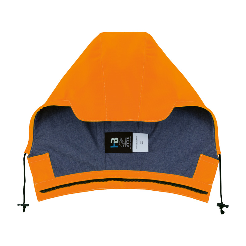 Orange HB MultiPro MultiNorm Warnschutz Kapuze 4 kA + 7 kA APC2 von HB Protective Wear, abgebildet mit Reißverschluss und Kordelzug