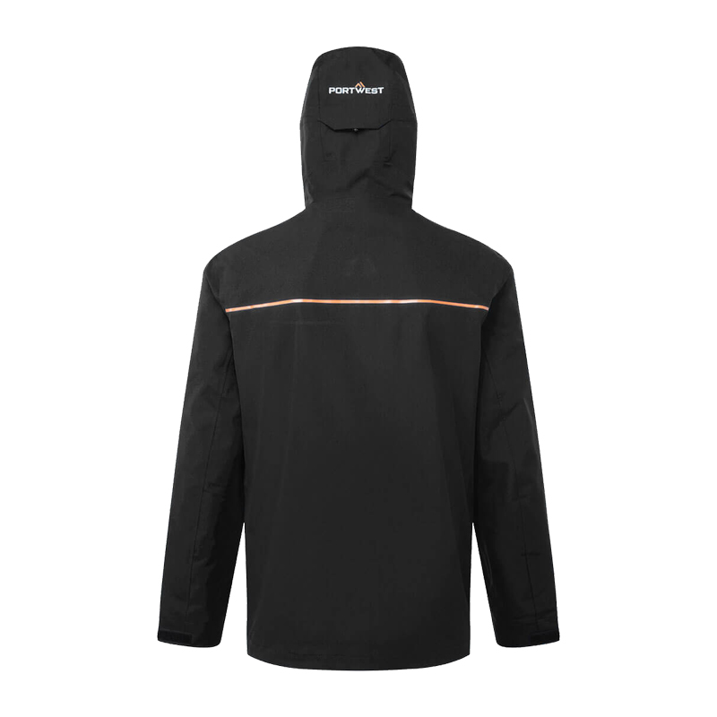 Rückenansicht der schwarzen PortWest S385 Shell Regenjacke mit Kapuze, wasserdicht, atmungsaktiv und winddicht nach EN 343 Klasse 4