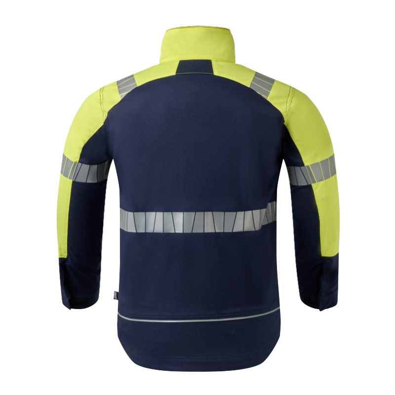 Rückansicht einer HaVeP Warnschutzjacke in Gelb und Marineblau mit langen Ärmeln, Stehkragen und umlaufenden Reflexstreifen für hohe Sichtbarkeit