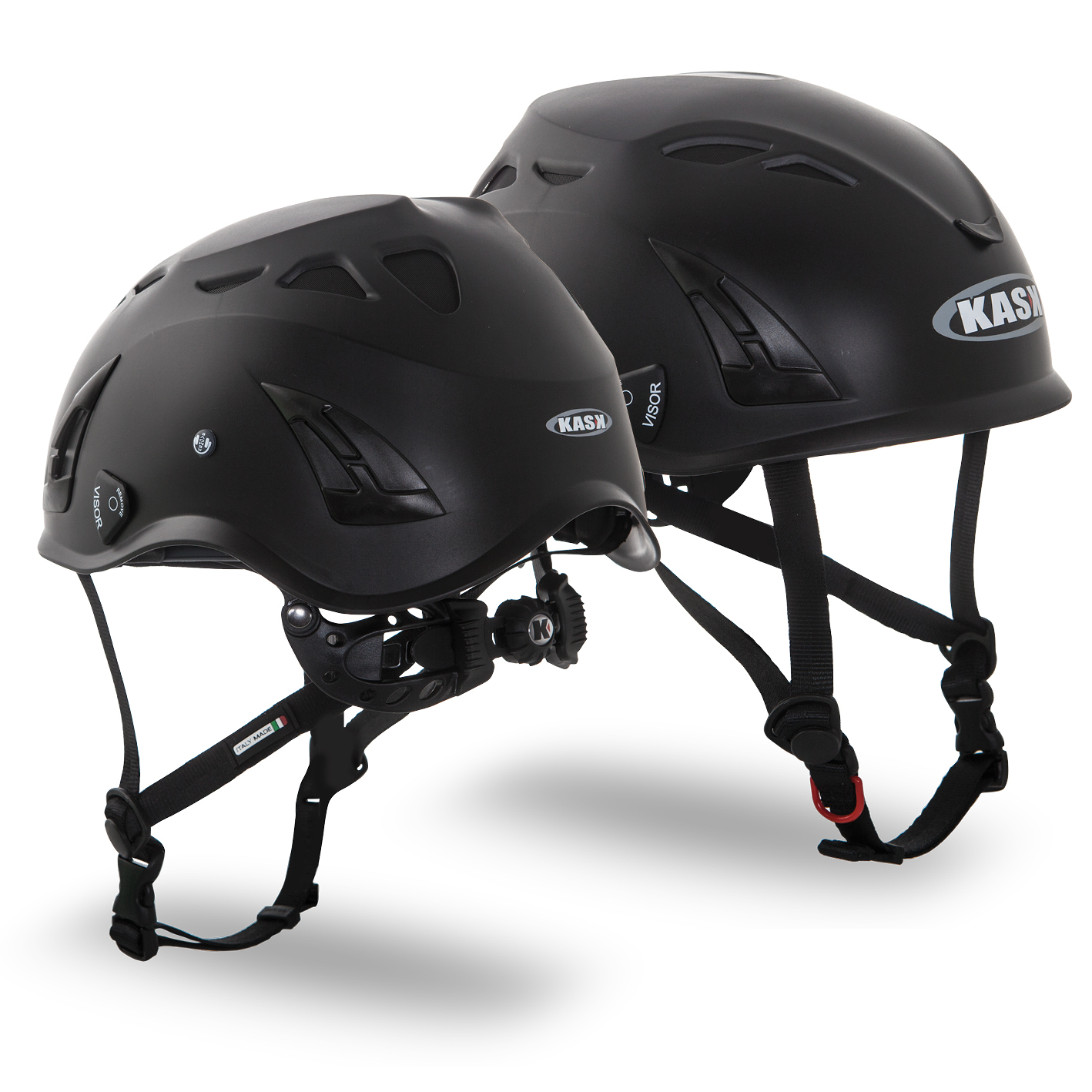 Zwei schwarze KASK Reithelme mit Belüftungsöffnungen, Kinnriemen und Visor-Schalter in Vorder- und Seitenansicht