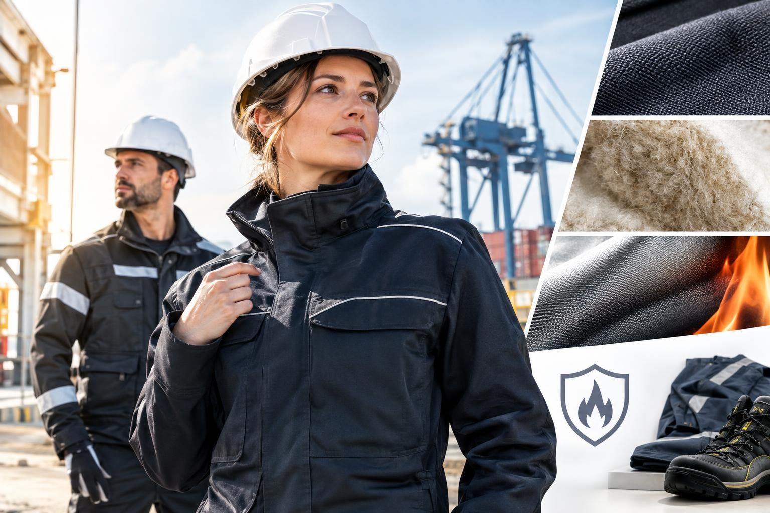 Frau und Mann mit Schutzhelm tragen flammhemmende Arbeitsjacken mit Reflexstreifen; Materialdetails und Sicherheitsschuh im industriellen Umfeld