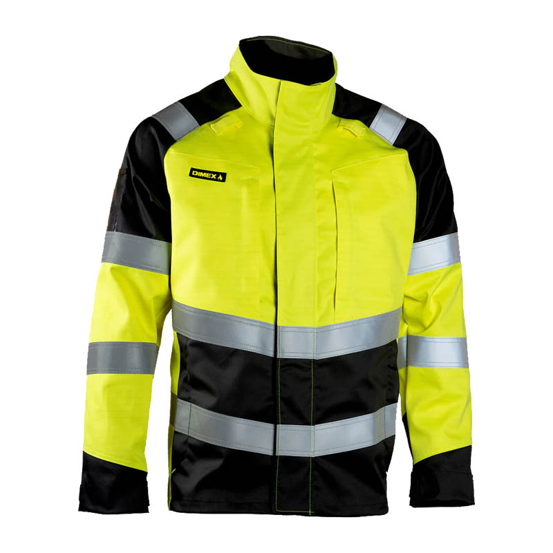 Dimex 6124 MultiNorm Stretch Warnschutz Jacke Klasse 2, gelb-schwarze Arbeitsjacke mit Reflexstreifen, hohem Kragen und flexiblem Stretchmaterial für Schutz, Sichtbarkeit und Komfort