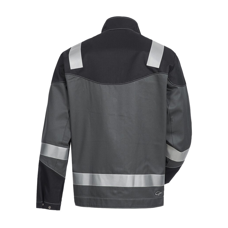 Rückansicht des HB Protective Wear MODarc mit Reflex MultiNorm Blouson 4 kA + 7 kA APC2 in Grau-Schwarz mit Reflexstreifen an Schultern, Ärmeln und Saum