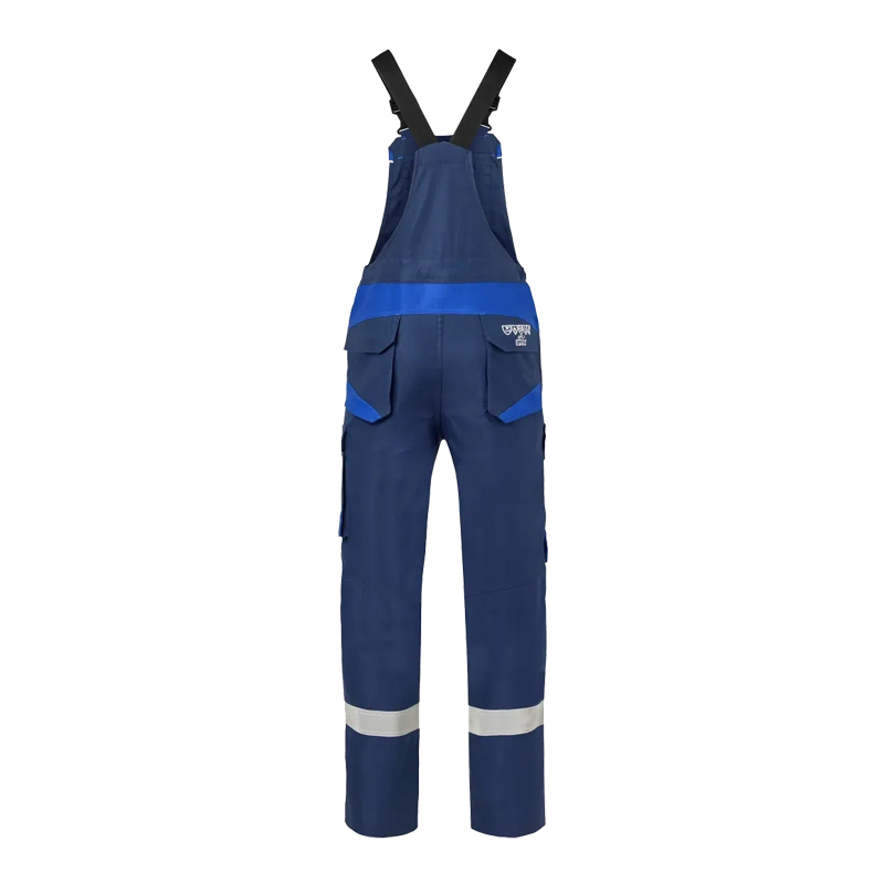Dunkelblaue Arbeitslatzhose mit blauen Kontrasteinsätzen, Trägern, Taschen und Reflexstreifen an den Beinen