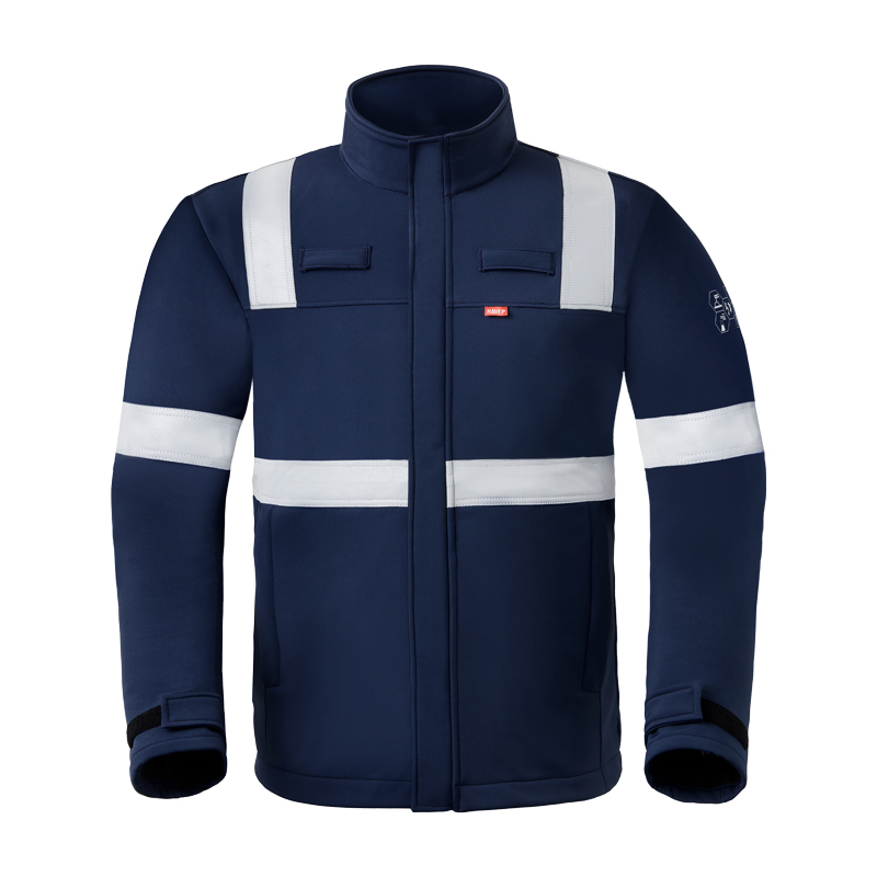 HaVeP 5Safety 50383 MultiNorm SoftShell Jacke | APC1 von HaVeP, marineblaue Arbeitsjacke mit Stehkragen und silbernen Reflexstreifen vorne und an den Ärmeln