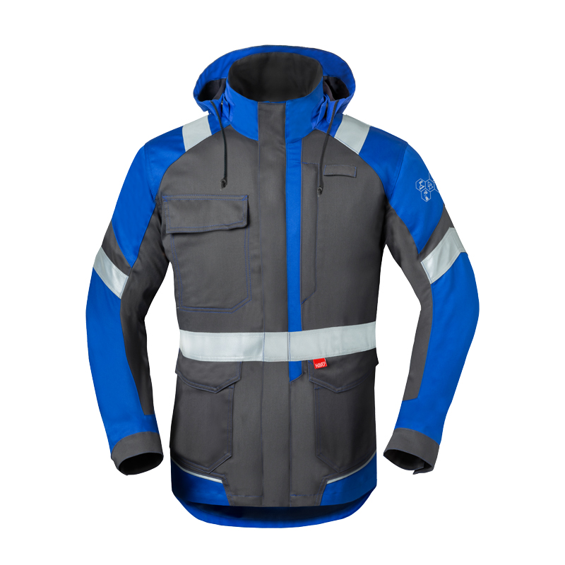 HaVeP 5Safety Image+ 50286 MultiNorm Parka | APC2 von HaVeP, grau-blauer Schutzparka mit Kapuze, Frontansicht, Reflexstreifen und mehreren Taschen