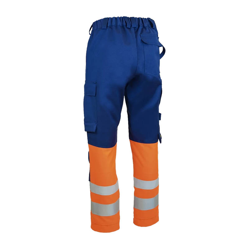 Rückansicht der Dimex 6447B MultiChem Warnschutz Hose 6-fach zertifiziert in Blau-Orange mit Reflexstreifen, für Schweiß-, Elektro- und Warnschutzarbeiten