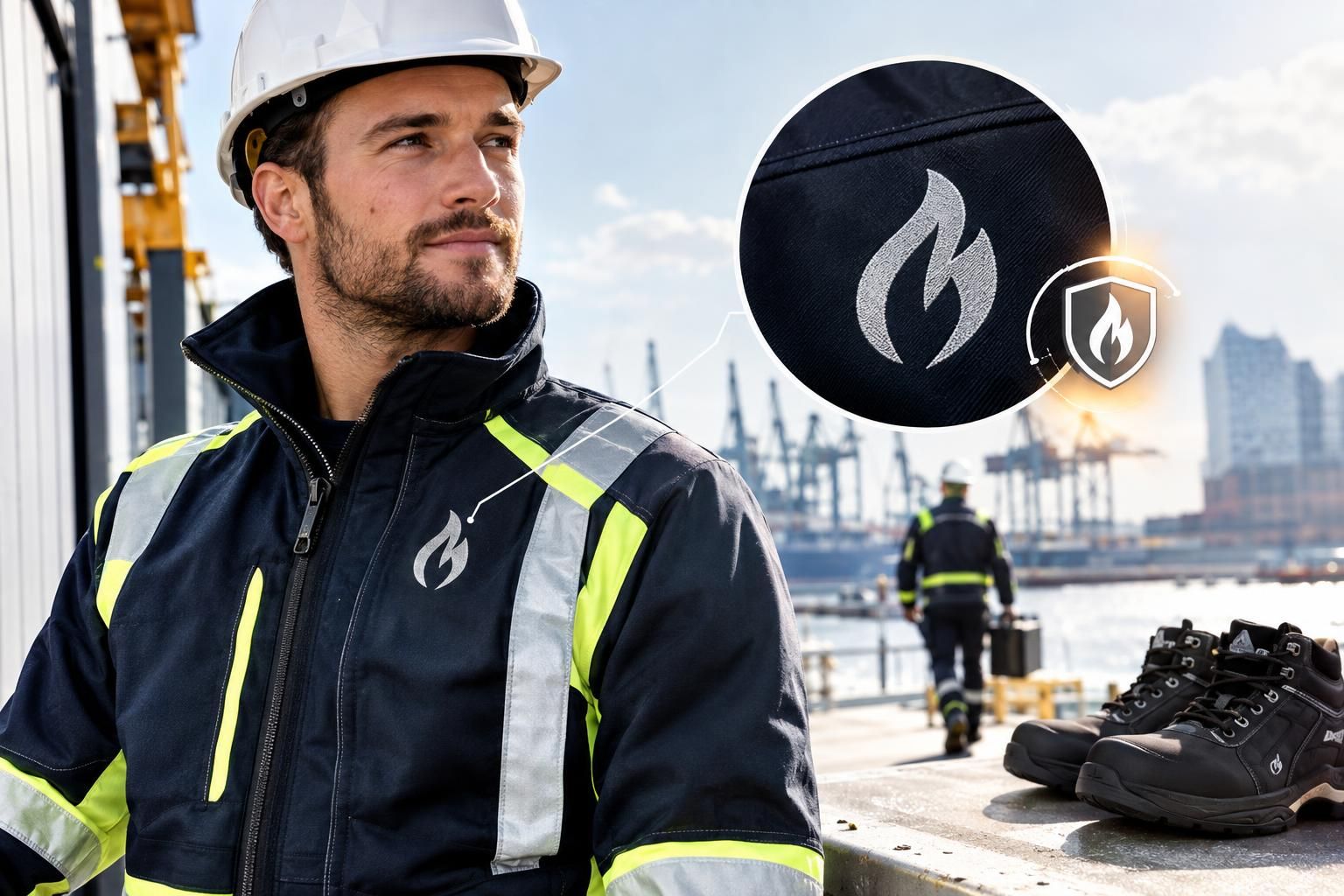 Mann mit Schutzhelm trägt flammhemmende Warnschutzjacke mit Reflexstreifen; Detailansicht des Schutzsymbols und schwarze Sicherheitsschuhe auf einer Industriebaustelle