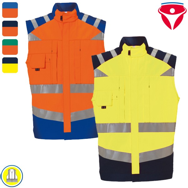 Zwei Warnschutzwesten mit Reflexstreifen in Orange-Blau und Gelb-Marine, ärmellose Arbeits- und Sicherheitswesten für hohe Sichtbarkeit
