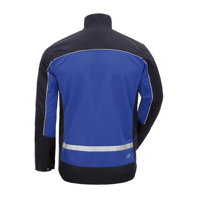 Rückansicht des HB InoTec Nomex MultiNorm Blouson 4 kA + 7 kA APC2 von HB Protective Wear in Blau-Schwarz mit Reflexstreifen, leichter Multinorm-Schutzblouson für anspruchsvolle Arbeitsumgebungen
