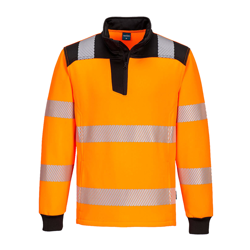 PortWest Warnschutz-Sweatshirt in leuchtendem Orange mit schwarzen Kontrasten, Reflexstreifen an Brust, Schultern und Ärmeln sowie kurzem Reißverschluss am Kragen