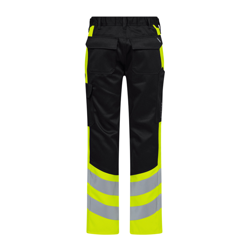 Engel Warnschutz-Arbeitshose in Schwarz mit fluoreszierend gelben Beinabschlüssen, Reflexstreifen und praktischen Taschen