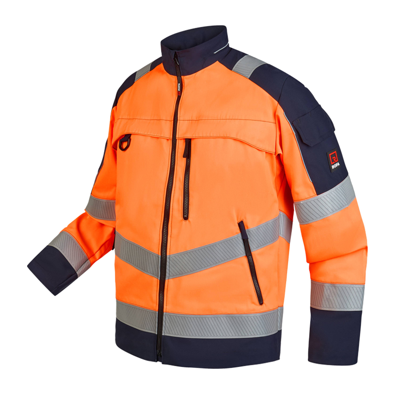 Rofa Warnschutzjacke in Orange und Marineblau mit reflektierenden Streifen, Stehkragen und mehreren Reißverschlusstaschen