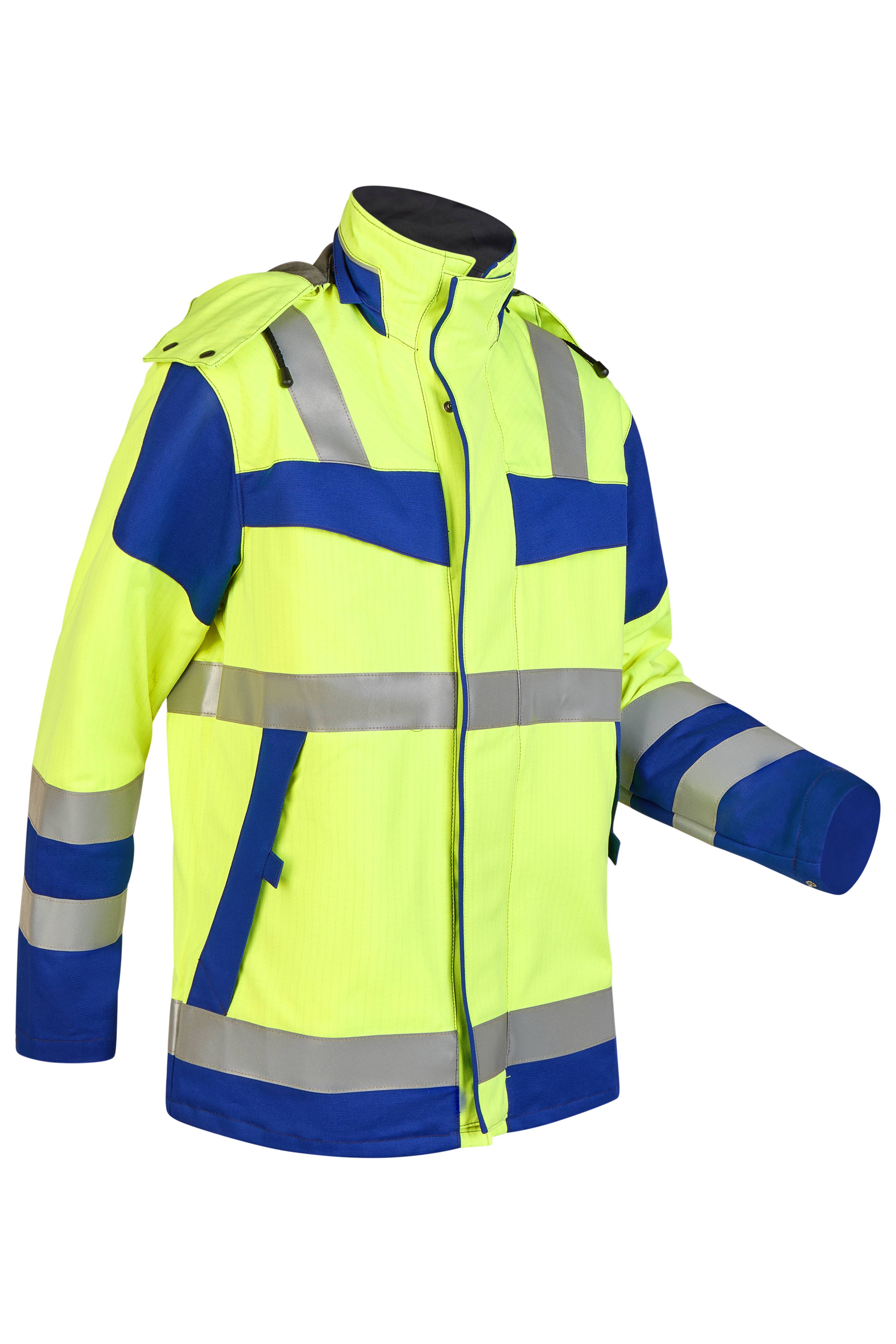 Rofa Warnschutzjacke in Neon Gelb und Blau mit Reflexstreifen, hoher Sichtbarkeit, Stehkragen und robuster Arbeitsjacken-Optik