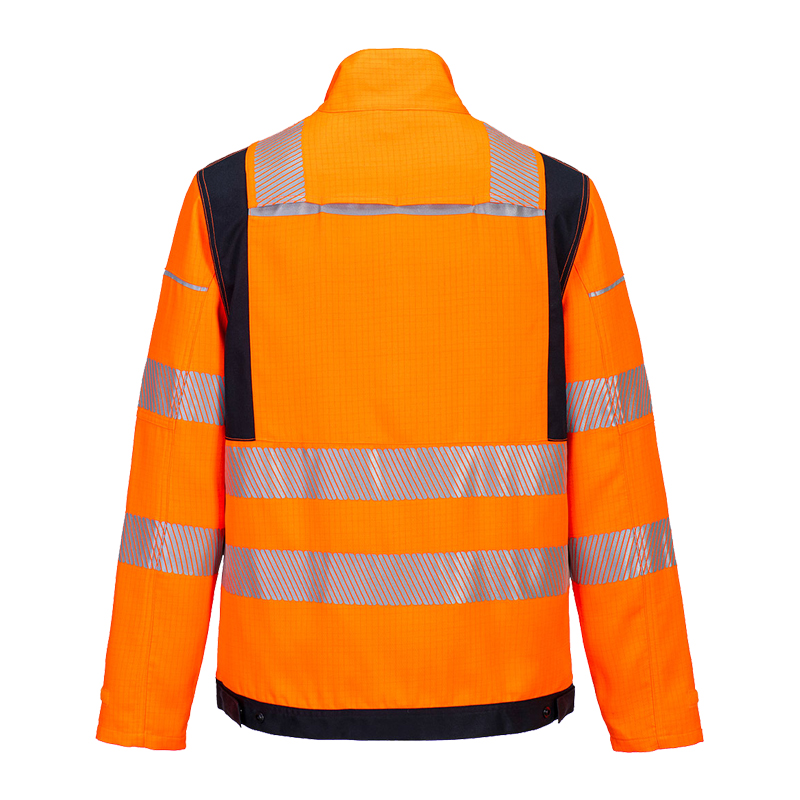 Rückansicht einer PortWest Warnschutzjacke in Orange mit dunklen Kontrasteinsätzen und umlaufenden Reflexstreifen an Rücken und Ärmeln