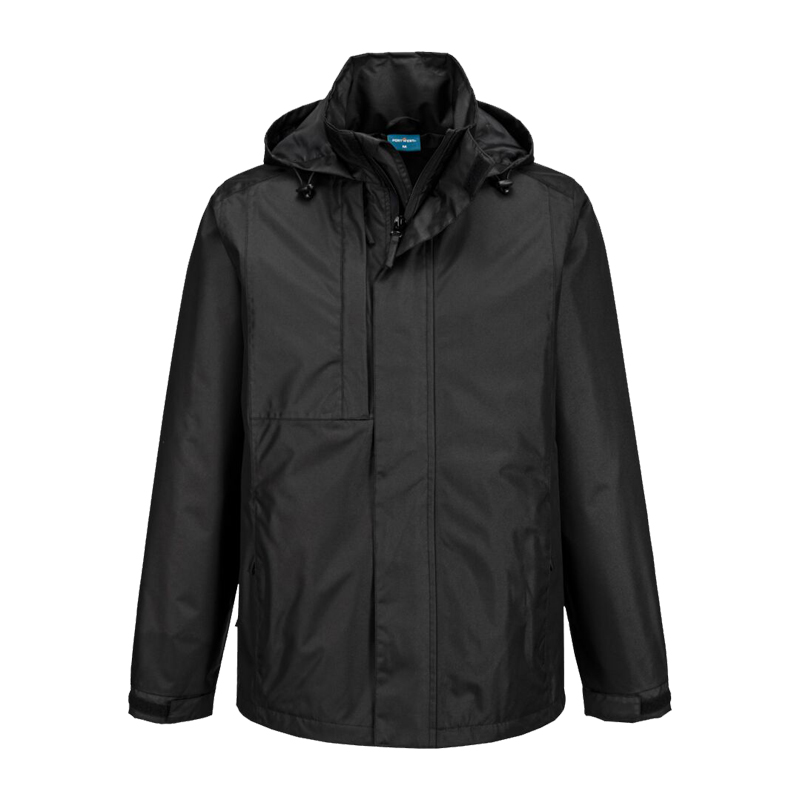 Schwarze PortWest Regenjacke mit Kapuze und Reißverschluss, wasserdichte Arbeitsjacke für zuverlässigen Wetterschutz