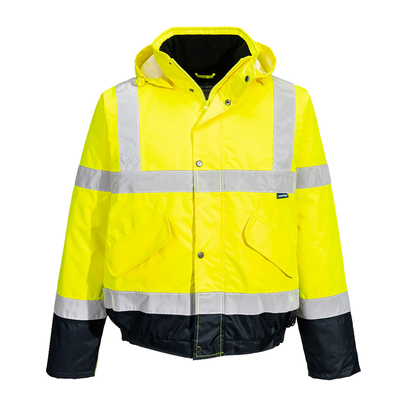 PortWest Warnschutzjacke in leuchtendem Gelb mit silbernen Reflexstreifen, Kapuze und dunklem Saum, ideal für hohe Sichtbarkeit bei der Arbeit