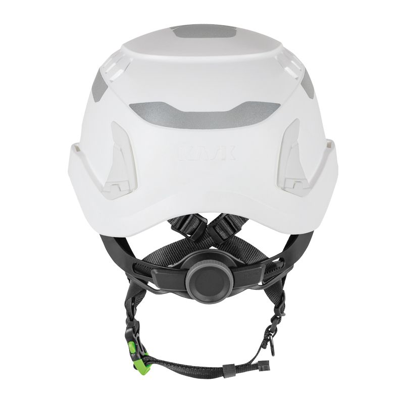 KASK PRIMERO PL HI VIZ Kletterhelm in Weiß, Rückansicht mit Drehrad und Kinnriemen, zertifiziert nach EN 397 und EN 12492 für Baustelle, Handwerk und Industrie