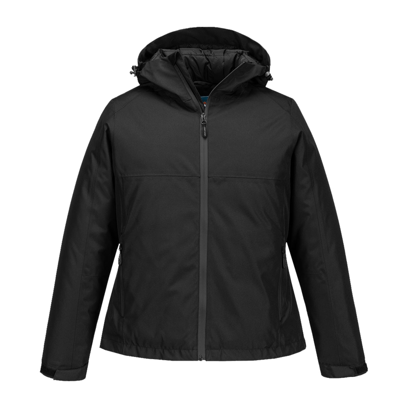 PortWest Jacke in Schwarz mit Kapuze, durchgehendem Reißverschluss und Seitentaschen, frontal abgebildet