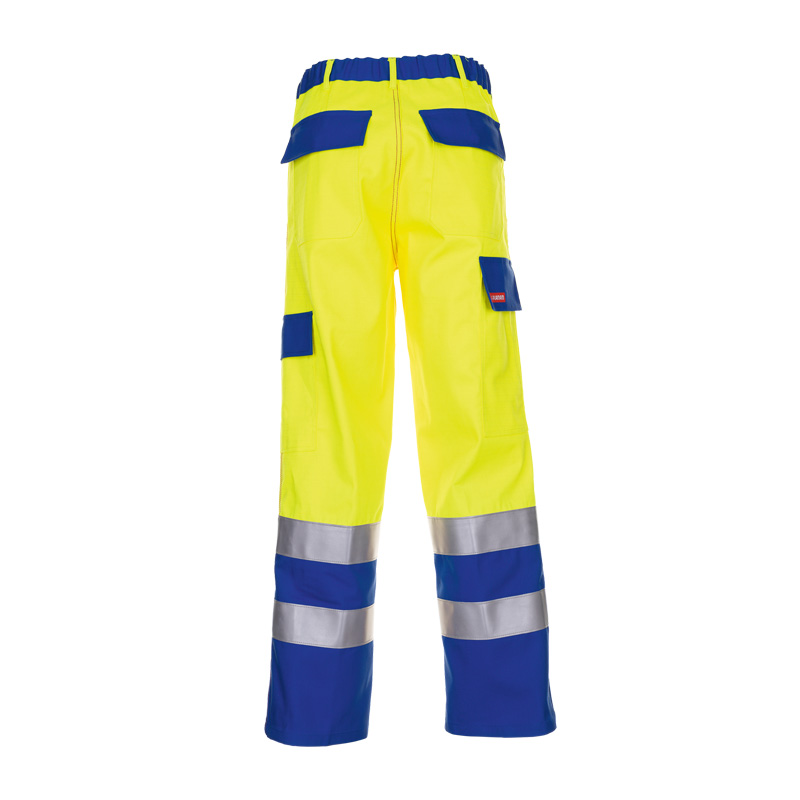 Rückansicht der PLANAM Major Protect Warnschutz MultiNorm Bundhose APC1 von Planam in Gelb/Blau mit Reflexstreifen und Taschen