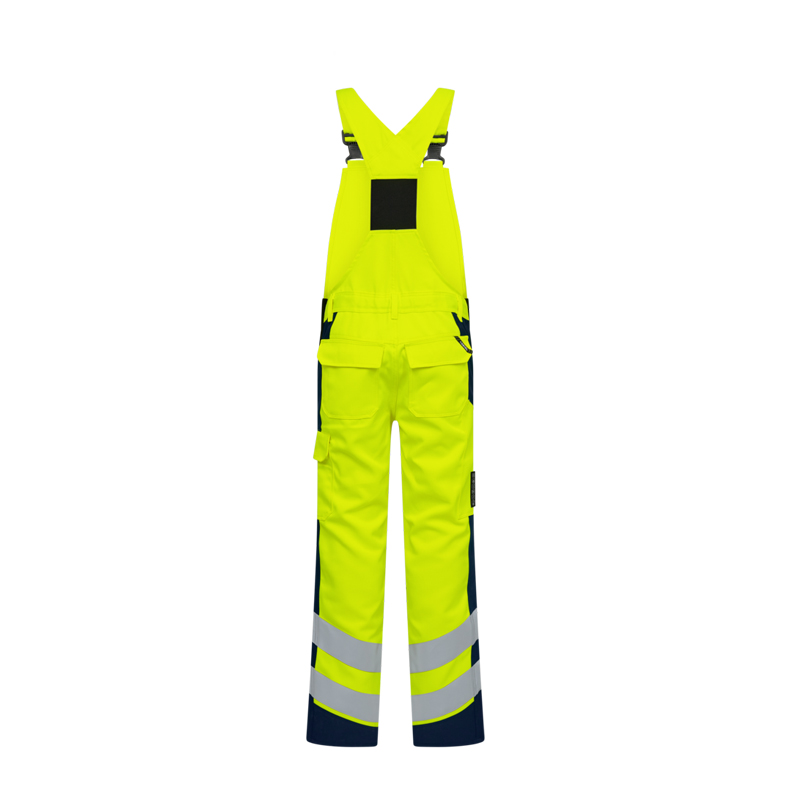 Engel Warnschutz-Latzhose in Neon-Gelb mit dunklen Kontrasten und Reflexstreifen an den Beinen
