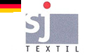 Logo von sj textil in Blau-Grau mit rotem Punkt und Deutschlandfarben
