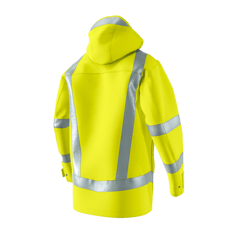 Rückansicht der BP 2230 Hi-Vis MultiNorm Wetterschutz Jacke 4 kA + 7 kA | APC2 von BP Bierbaum Proenen in Gelb mit Kapuze und umlaufenden Reflexstreifen