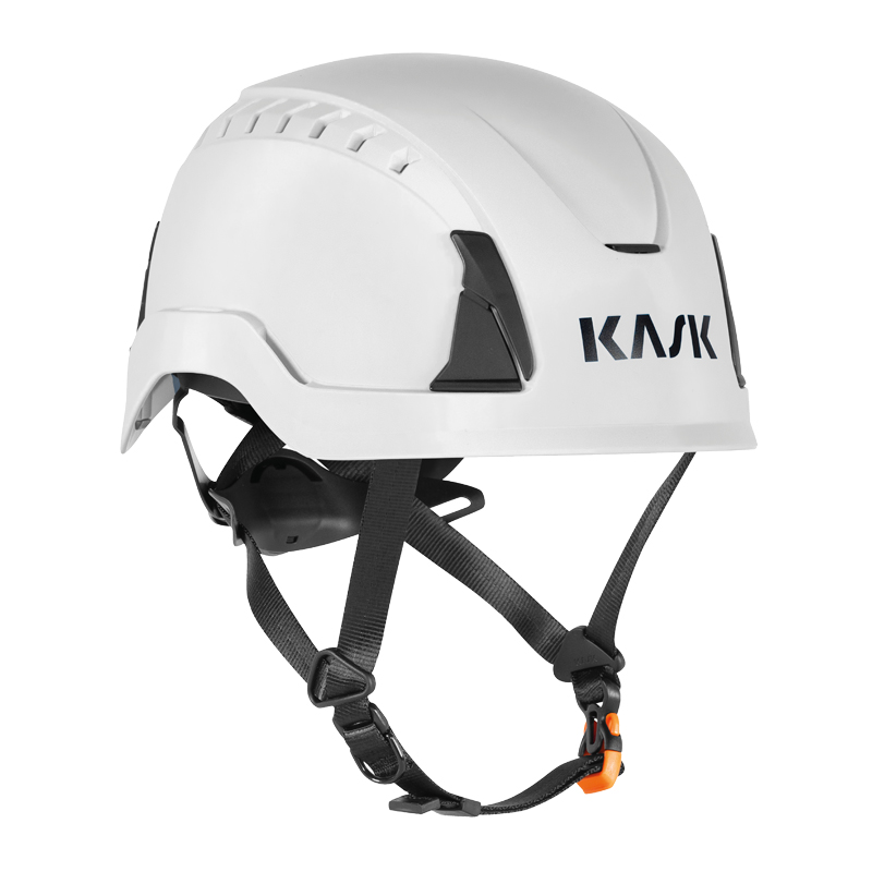 Weißer Kask PRIMERO AIR Industriehelm mit Belüftung, Kinnriemen und Logo, zertifiziert nach EN 397 + EN 50365