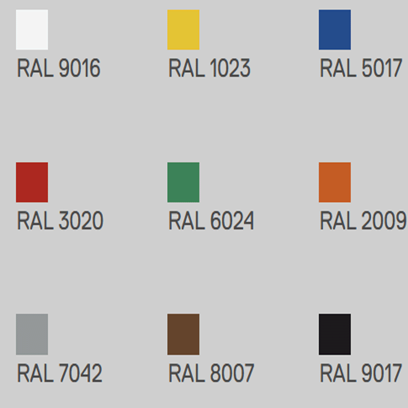 Farbübersicht zum Schuberth EuroGuard Schutzhelm 6Punkt mit Drehverschluss nach EN 397 in RAL 9016, 1023, 5017, 3020, 6024, 2009, 7042, 8007 und 9017