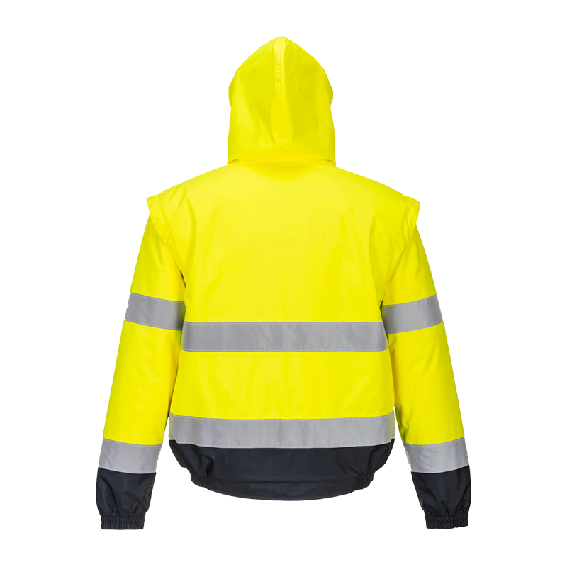 Rückansicht einer gelben PortWest Warnschutzjacke mit Kapuze und reflektierenden Streifen, Hi-Vis Arbeitsjacke in Gelb/Marine
