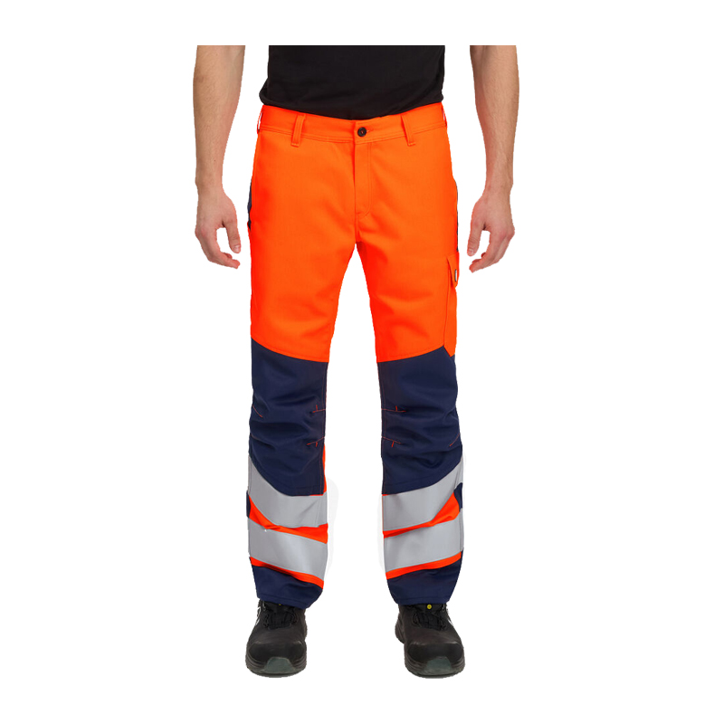 Vorderansicht einer Engel Warnschutzhose in Orange und Marineblau mit silbernen Reflexstreifen und funktionalen Taschen.
