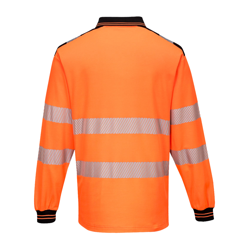 Rückansicht eines orangefarbenen PortWest Warnschutz-Langarmshirts mit umlaufenden Reflexstreifen an Oberkörper und Ärmeln