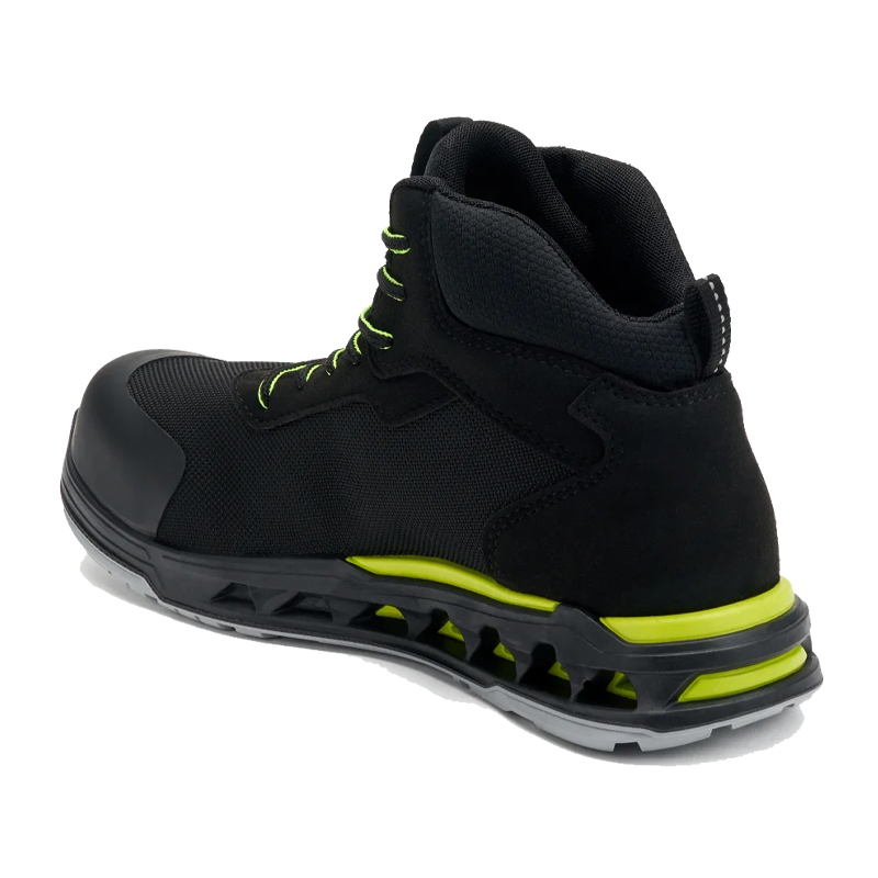 Giasco 3Cloud ESD Eclipse Sicherheitsstiefel elastisch S3L, schwarzer Arbeitsschuh mit Zehenschutzkappe und neongrünen Akzenten, Seitenansicht