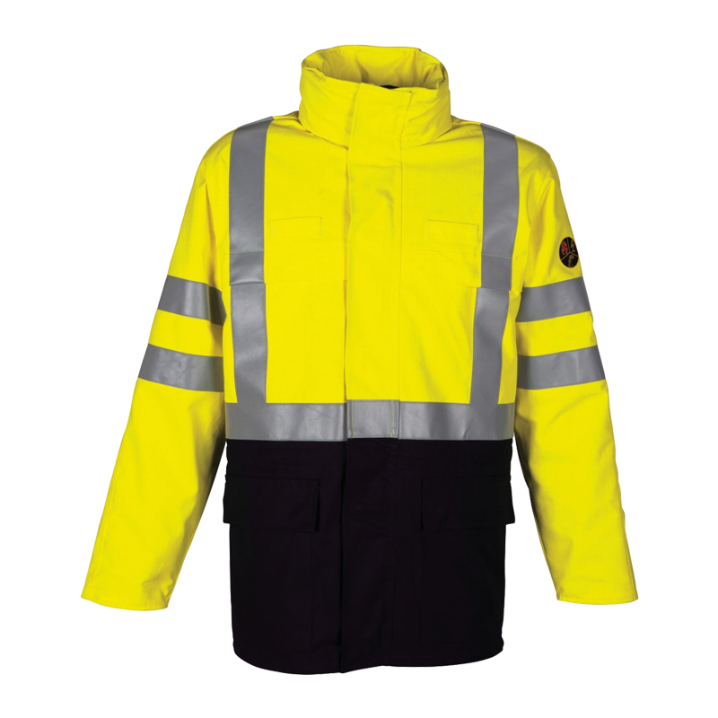 HaVeP Warnschutzjacke in Gelb-Schwarz mit silbernen Reflexstreifen, hoher Kragen und Frontverschluss, ideal für sichere Arbeitskleidung