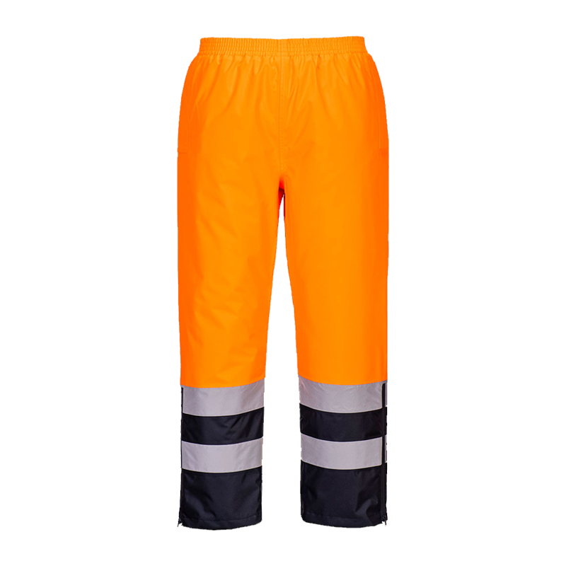 PortWest Warnschutzhose in Orange mit dunkelblauen Beinabschlüssen und silbernen Reflexstreifen, ideal für hohe Sichtbarkeit bei der Arbeit