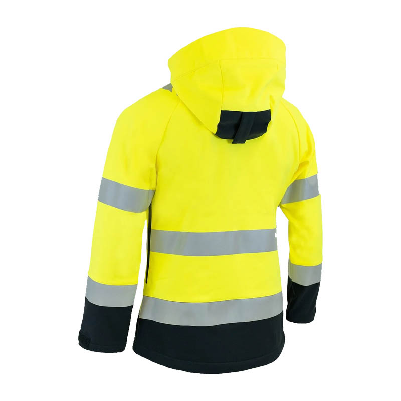 Rückansicht der Dimex 6214Y Damen Warnschutz SoftShell Jacke Klasse 2 in Gelb mit Kapuze, Reflexstreifen, winddichtem und wasserdichtem Softshell-Material