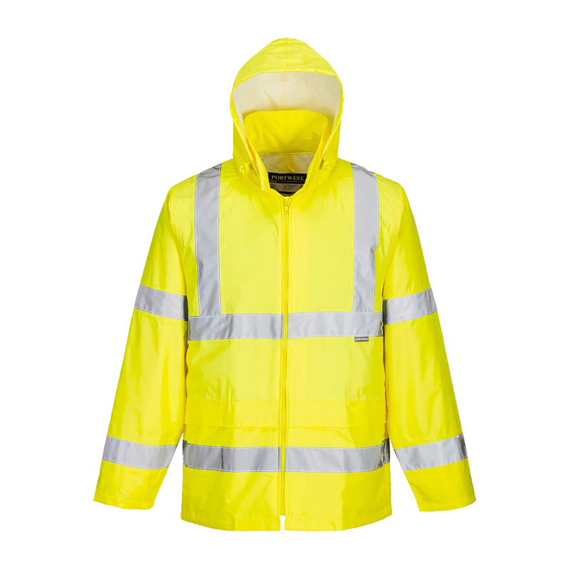PortWest Warnschutz-Regenjacke in leuchtendem Gelb mit Kapuze, Frontreißverschluss und umlaufenden Reflexstreifen für hohe Sichtbarkeit