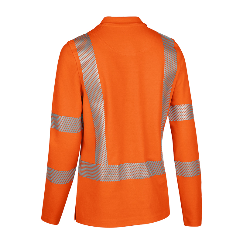 Rückansicht des BP 2147 Warnschutz Damen Langarm-Poloshirts Klasse 2 von BP Bierbaum Proenen in Orange mit umlaufenden Reflexstreifen