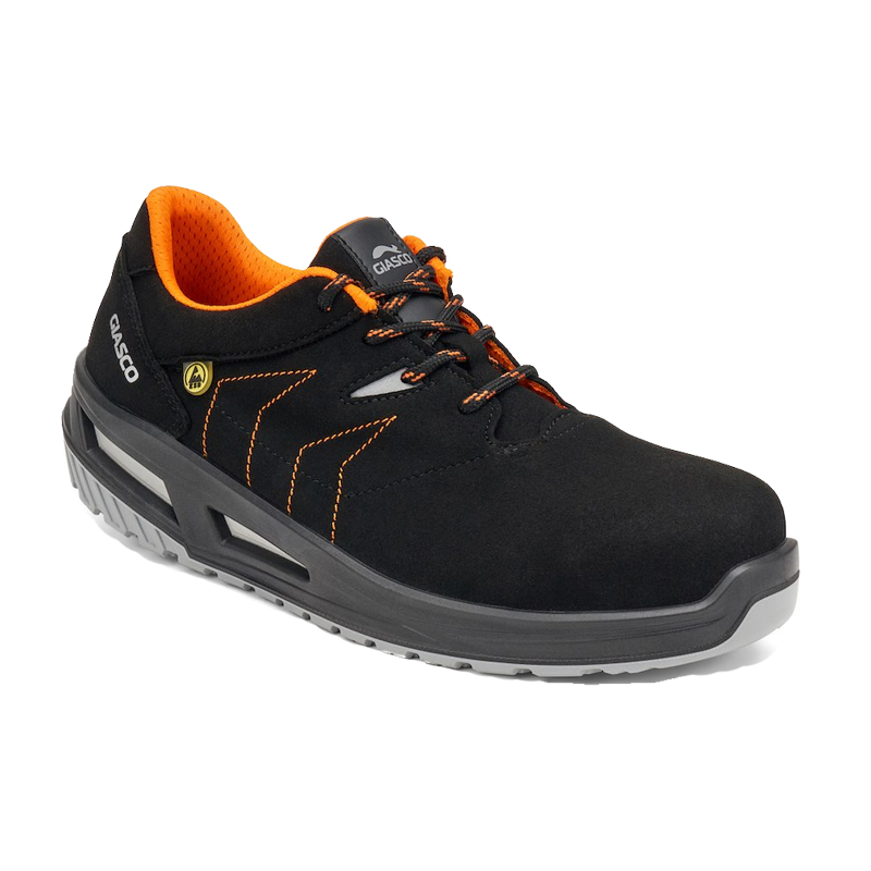 Giasco 3Move ESD Falcon S3 Sicherheitshalbschuh in Schwarz mit orangefarbenem Innenfutter, ESD-Ausstattung, metallfreiem Schutz und ergonomischer 3MOVE-Sohle