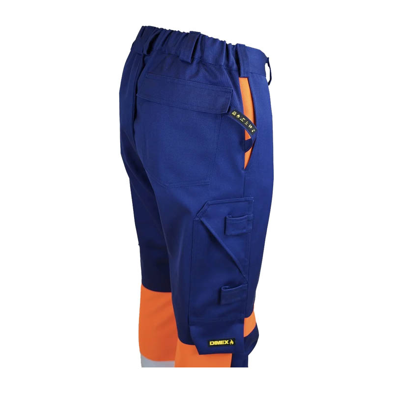 Dimex 6447B MultiChem Warnschutz Hose 6-fach zertifiziert in Blau-Orange, multifunktionale Arbeitshose für Schweiß-, Elektro- und Warnschutzarbeiten, Seitenansicht