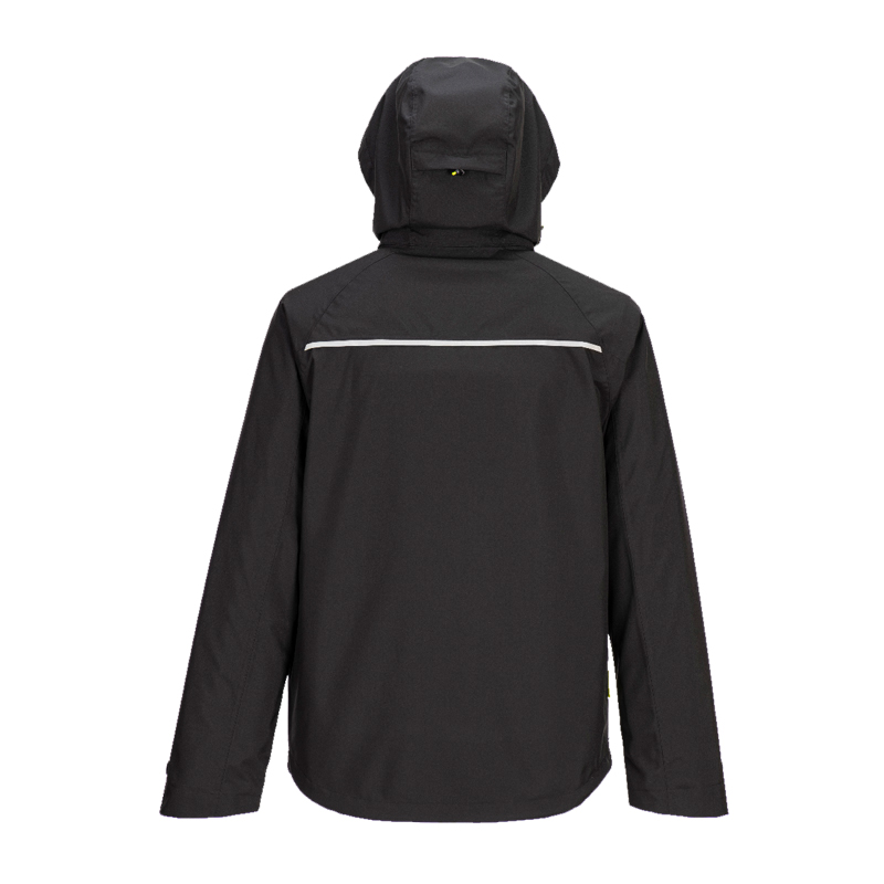 Rückansicht einer schwarzen PortWest Jacke mit Kapuze und horizontalem Reflexstreifen am Rücken