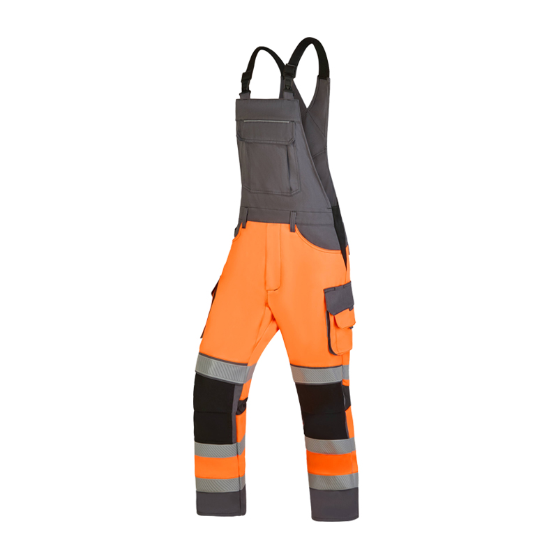 Rofa Warnschutz-Latzhose in Orange-Grau mit Reflexstreifen, Knieverstärkung und praktischen Taschen für sichere Arbeitskleidung