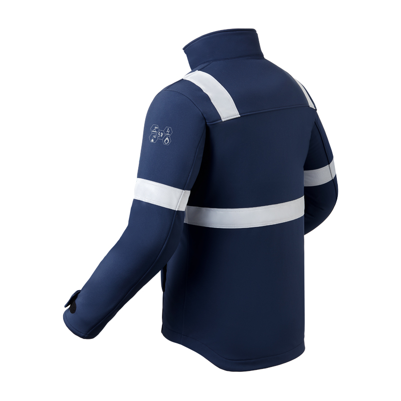 Rückansicht der HaVeP 5Safety 50383 MultiNorm SoftShell Jacke APC1 in Dunkelblau mit umlaufenden silbernen Reflexstreifen und hohem Kragen