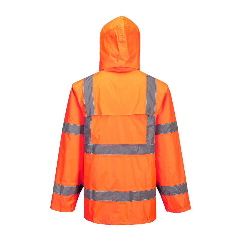 Rückansicht einer orangefarbenen PortWest Warnschutzjacke mit Kapuze und reflektierenden Streifen für hohe Sichtbarkeit